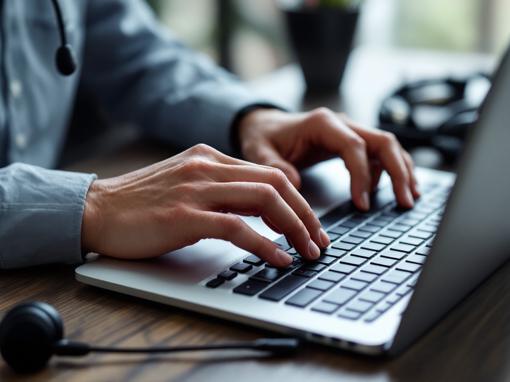 Support representative hands typing on laptop with headset nearby