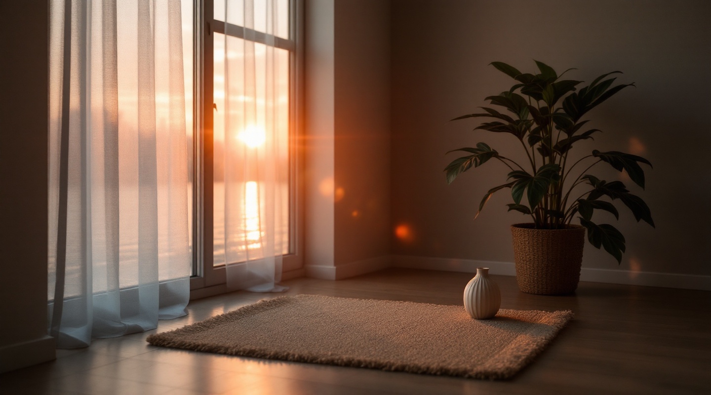 Soft sunrise over a calm studio corner with a mat and plant