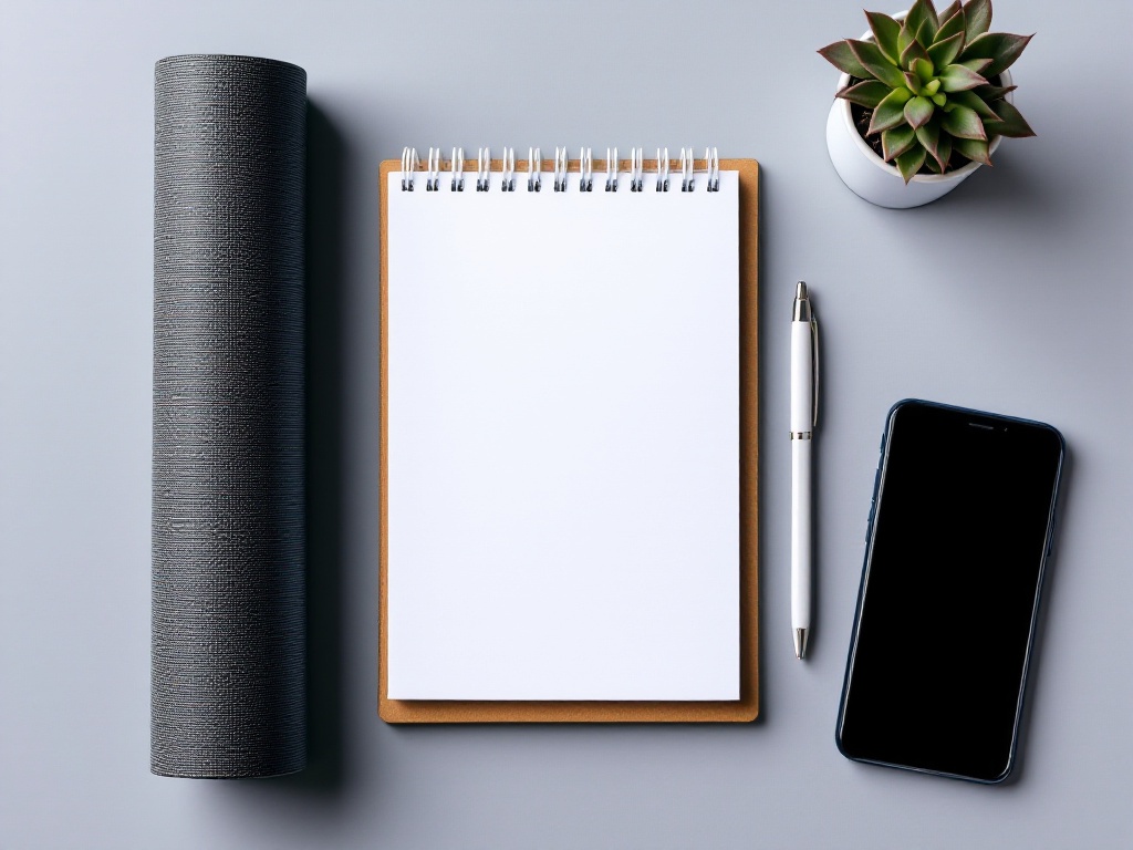 Flat lay of notepad, pen, and phone next to a rolled mat