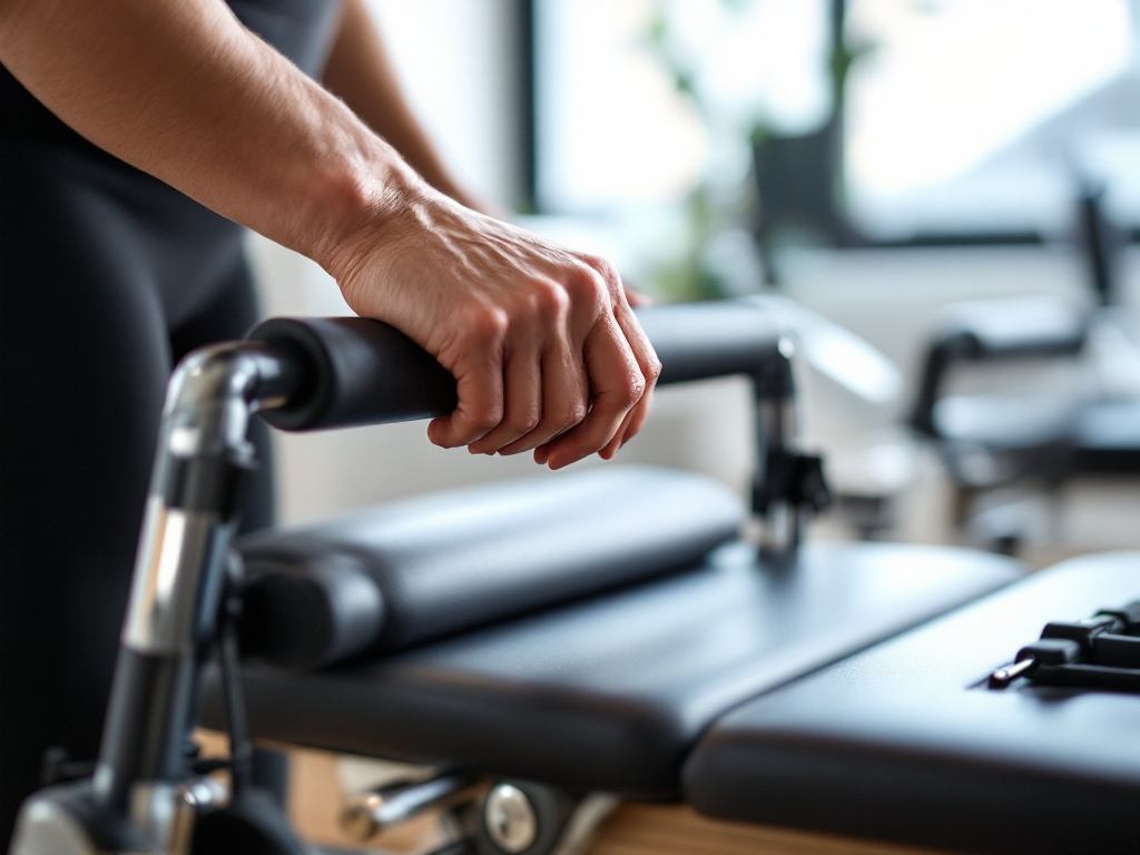Trainer's hand adjusting reformer spring settings