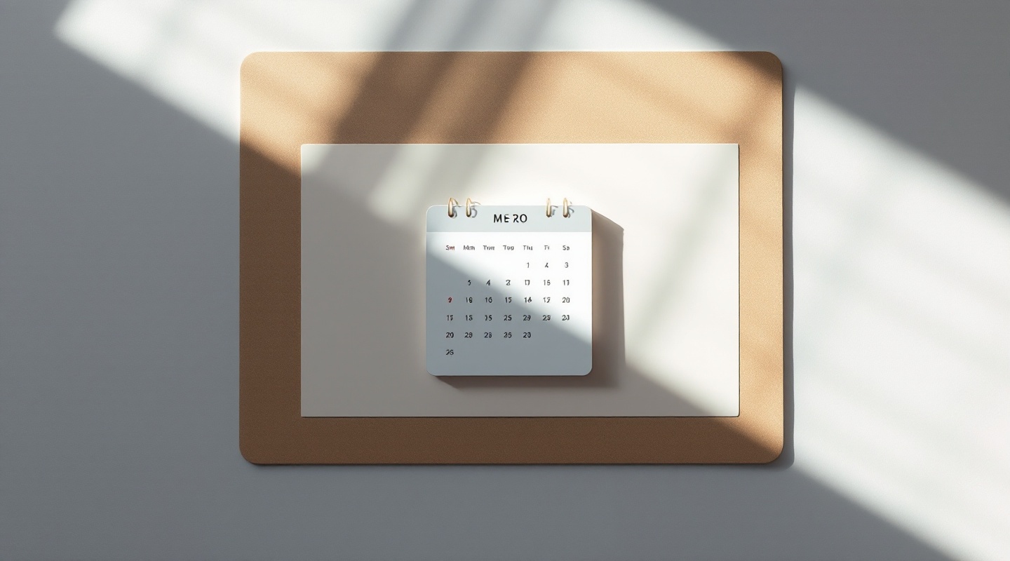 Minimal calendar on desk with mat edge and sunlight shadow line